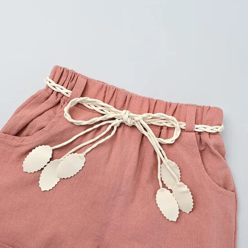 Miniatura 7 de FOCUTEBB Conjunto de ropa de verano para bebé niña, camiseta y pantalones cortos de lino con cinturón, lindo conjunto de ropa