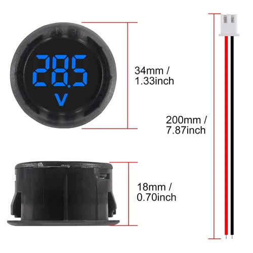 Miniatura 5 de 5 piezas DC 4-100V medidor de voltaje digital LED para auto, voltímetro de 2 cables redondo, medidor de voltaje y corriente digital DC, detector