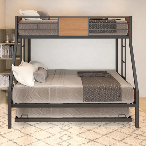 Miniatura 13 de KLMM Literas de metal de tamaño individual sobre matrimonial con 2 escaleras y cama nido para niños, adolescentes y adultos, (negro)