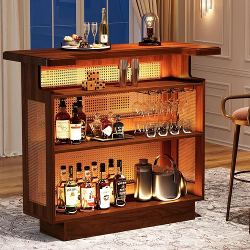 Miniatura 3 de Tribesigns: unidad de bar para el hogar de ratán, mesa de bar de 4 estantes estilo granja con 4 portavasos y base elevada, gabinete de bar