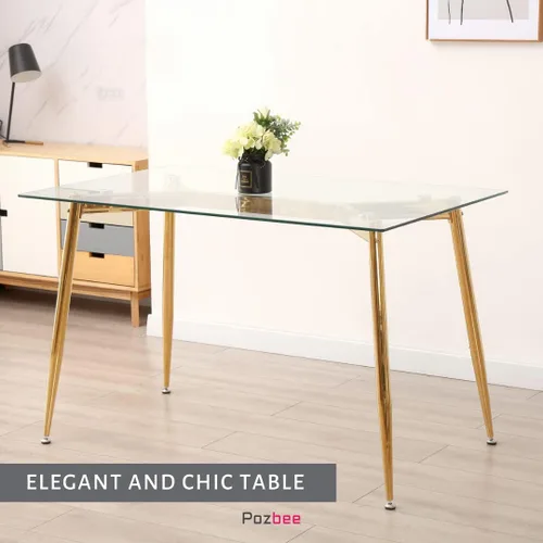 Miniatura 3 de Mesa de comedor rectangular de vidrio con patas doradas, mesa de cocina moderna de 47 pulgadas, rectangular, mesa de comedor cuadrada para 4
