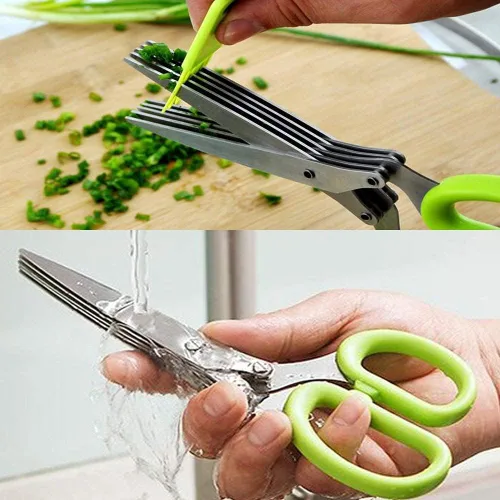 Miniatura 3 de Tijeras de cocina de acero inoxidable de 5 cuchillas, tijeras picadas de hierbas frescas y verduras de hoja verde, utensilios de cocina, cortador