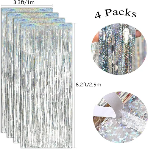 Miniatura 2 de Paquete de 4 cortinas de flecos plateados de 12.8 x 8.2 pies, cortinas de flecos de oropel metálico brillante, cortina de fondo de oropel plateado