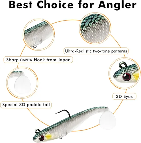 Miniatura 3 de TRUSCEND Shadtale Easy Catch Soft Fishing Lures with BKK Hooks - Trembly Sinking and Vibrating Swim for More Bites, Pre-Rigged Swimbaits for Bass