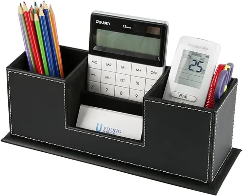 Miniatura 2 de KINGFOM Organizador de escritorio para suministros de oficina, caja de almacenamiento de piel sintética, 4 compartimentos divididos para bolígrafos
