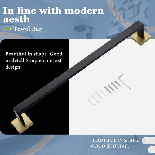 Miniatura 4 de TQKAG Toallero individual negro y dorado de 23.6 pulgadas, toallero de baño de acero inoxidable montado en la pared, colgador de toallas de baño.