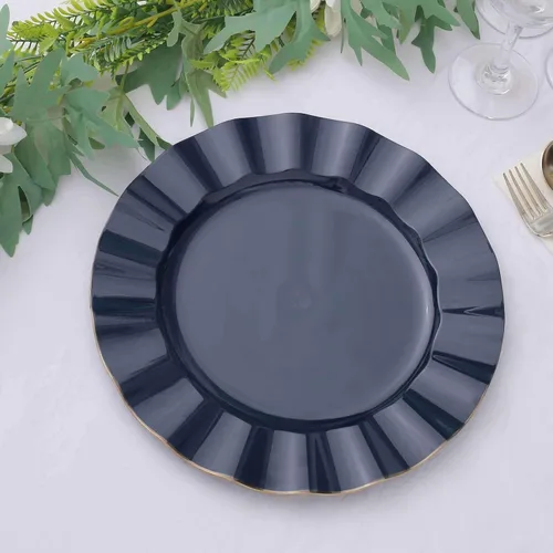Miniatura 138 de Tableclothsfactory Paquete de 10 platos redondos de plástico negro de 6 pulgadas para ensalada de postre, platos desechables con borde ondulado