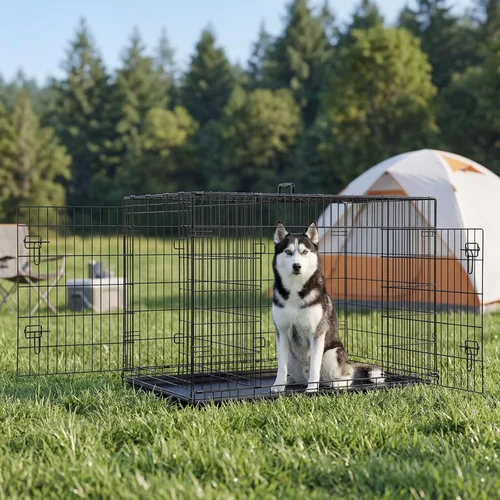 Miniatura 6 de Sweetcrispy Jaula para perros de 48 pulgadas, jaulas medianas y grandes de doble puerta plegable de alambre de metal con bandeja de plástico a
