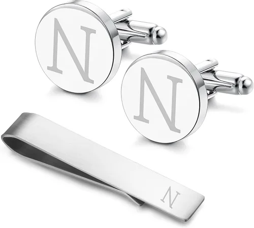 Miniatura 7 de LOYALLOOK - Gemelos de acero inoxidable grabados con inicial y clip de corbata, diseño de letras del alfabeto con caja de regalo, A-Z