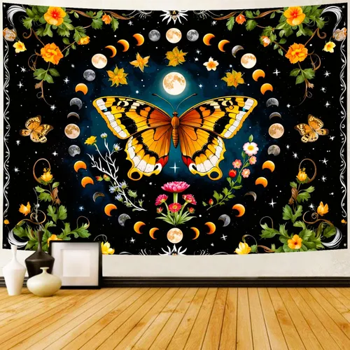 Delur Tapiz de mariposa y luna, flores, botánico, floral, bohemio, tapiz para colgar en la pared, mandala estético, hongo, retro, vintage, cabecero