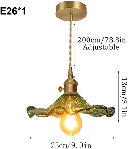 Miniatura 7 de Kitchen Island Light Fixture, Nordic Retro 9.0 in Green Glass Shade Hanging Pendant Lamp with Brass Finish, Adjustable Cord Chandelier for Bedroom