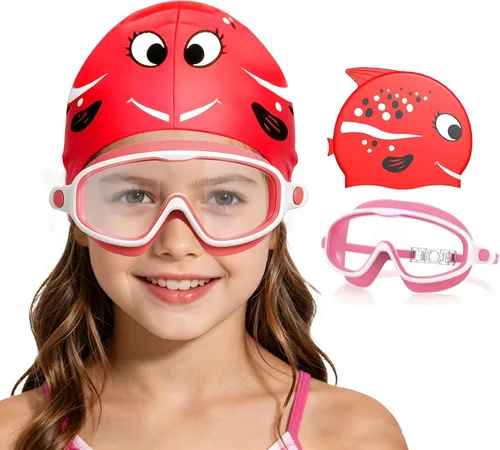 Miniatura 8 de Gafas de natación para niños de 3 a 8 años con gorro de natación, juego de gorras de natación con antivaho y anti-UV para niños y niñas pequeños