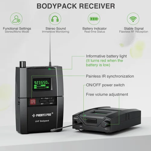 Miniatura 3 de Phenyx Pro UHF Stereo Wireless in Ear Monitor System, IEM inalámbrico, frecuencia seleccionable de banda de 900 MHz, montaje en rack, funcionamiento