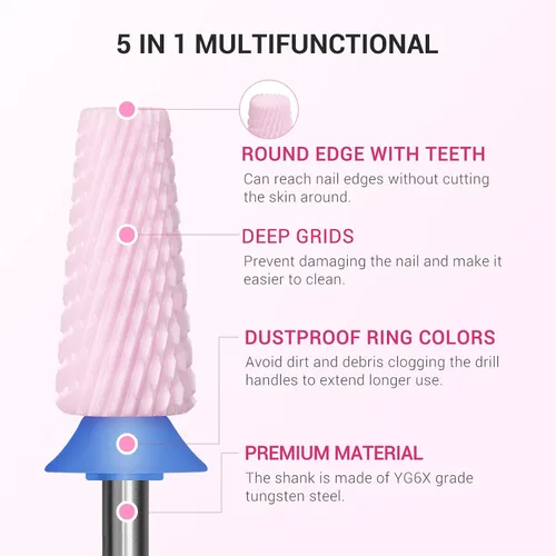 Miniatura 3 de MelodySusie Brocas de uñas 5 en 1, brocas de cerámica de corte cruzado de 3/32 pulgadas, adecuadas para manicura, pedicura, cutícula, esmalte en Rosa