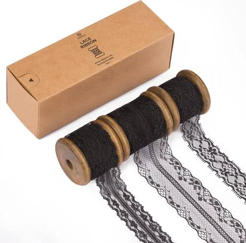 Vitalizart Cinta de encaje negro de tela de costura, 3 rollos de encaje floral de 15 yardas con carrete de madera para envolver regalos, invitación