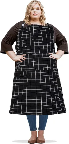 Delantal de lona para mujer con 2 bolsillos, 39 x 38 pulgadas, delantales extra grandes XXL, A cuandros negros