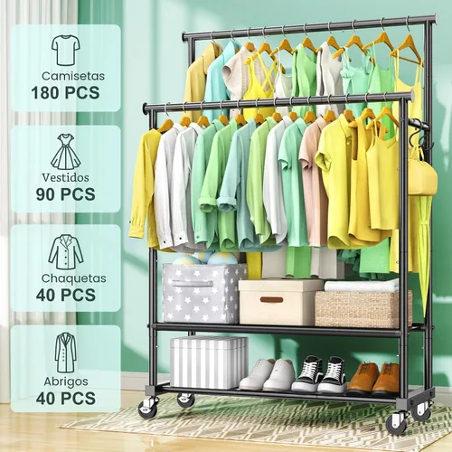 Miniatura 3 de Perchero de doble barra para colgar ropa, perchero de ropa resistente con ruedas, percheros de ropa independientes con estante inferior Oxford