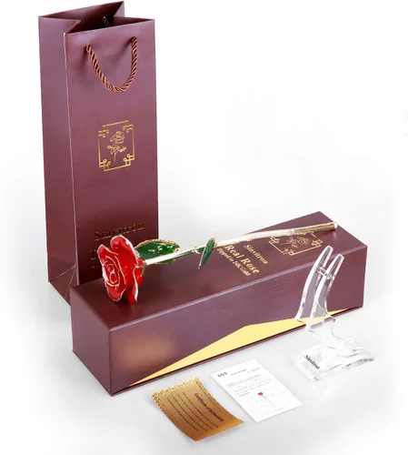 Miniatura 9 de Sinvitron Rosa Infinita Bañada en Oro - Rosa Eternamente Preservada en Resina Flor Eterna para Decoración de Cumpleaños, Día de la Madre, Rojo