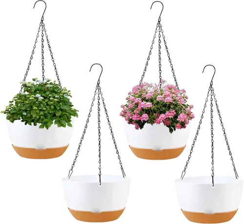 KPUVX Paquete de 4 macetas colgantes de plástico para plantas de interior, 8 pulgadas, cestas colgantes para interiores y exteriores, macetas Blanco