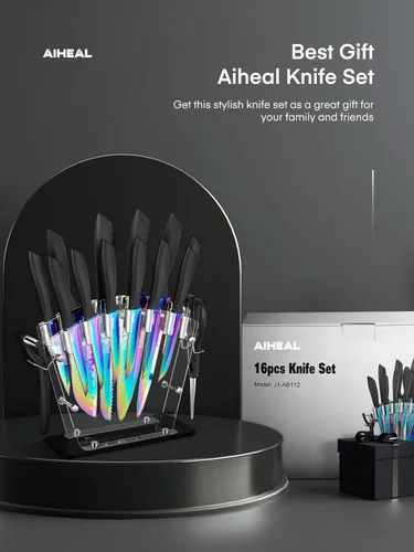 Miniatura 8 de Aiheal Juego de cuchillos, 16 piezas de acero inoxidable de alto carbono, juego de cuchillos de cocina de color arcoíris, hoja de revestimiento
