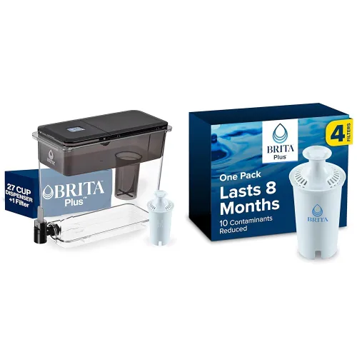 Brita UltraMax - Dispensador de agua grande con 1 filtro BritaPlus, capacidad de 27 tazas, negro y 4 filtros de agua Brita Plus, dura 8 meses