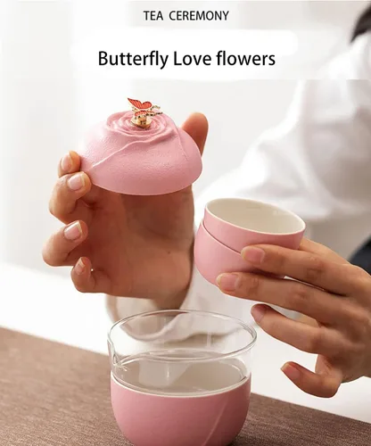 Miniatura 2 de Juego de té de viaje, juego de té chino, taza de kung fu, juego de té de gaiwán, juego de té portátil, juego de té rosa mariposa, tetera todo