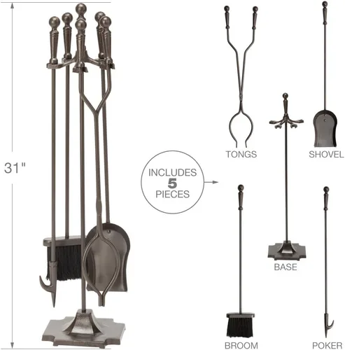 Miniatura 2 de Uniflame F-1634 - Juego de fuego de 5 piezas con asas de bola y base de pedestal, bronce Ball Handles and Pedestal Base