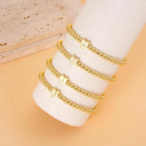 Miniatura 2 de Pulseras de oro para mujer, chapados en oro de 14 quilates, con cuentas de corazón con letras de corazón, pulsera elástica con iniciales doradas