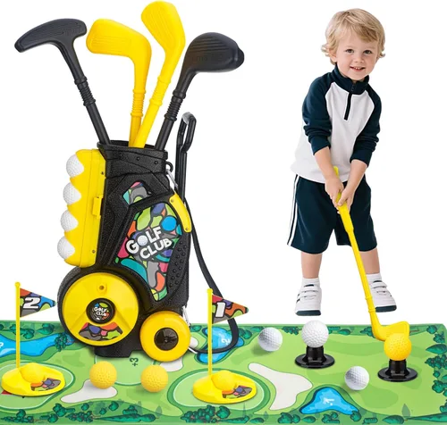 VROGTIK Juego de golf para niños pequeños con carrito de ruedas, juguete de palos de golf para niños con tapete de putting de 47.2 pulgadas, asas