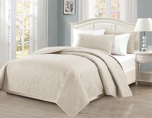 Miniatura 2 de Mk Collection Tamaño Full/Queen Sobre Tamaño 100"x106" Colcha de Cama de 3 Piezas con Diamantes en Relieve Sólido Beige Nuevo
