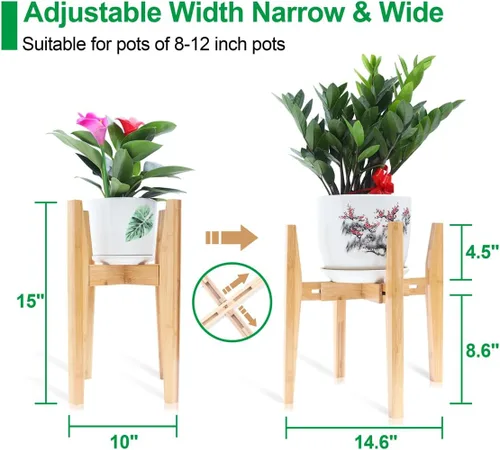 Miniatura 3 de OERGKE Soporte ajustable para plantas de interior, soportes de bambú modernos de mediados de siglo, soporte de flores de esquina para sala de estar