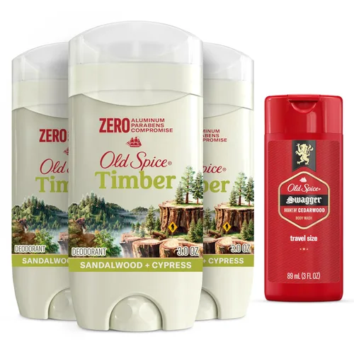 Old Spice Desodorante para hombre madera sin aluminio con sándalo, 3.0 onzas, paquete de 3 con gel de baño Swagger tamaño viaje