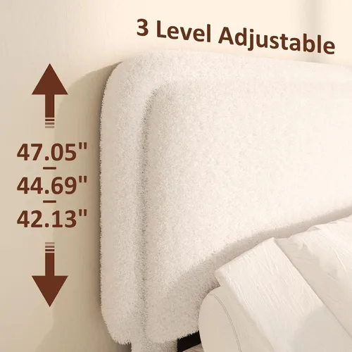 Miniatura 3 de Base de cama de plataforma Boucle tamaño Queen con cabecera ajustable (3 alturas), cama de nube tapizada, esquinas redondeadas suaves, no necesita