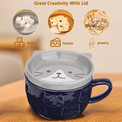 Miniatura 3 de Linda Taza de Cerámica para Gatos con Tapa, Tazas de Café Kawaii o Tazas de Té para Amantes de los Gatos, Tazas Divertidas de Novedad