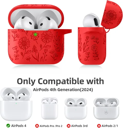 Miniatura 6 de DaQin Funda protectora de silicona suave para Airpods 4, con grabado de flores, compatible con Apple Airpods de 4ª generación, con kit limpiador