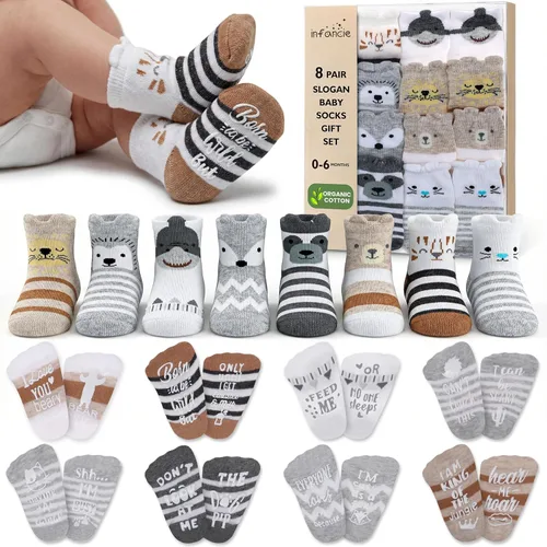Calcetines de algodón orgánico, 8 pares de calcetines para bebés de 0 a 6 meses, calcetines para recién nacidos con agarre, suela antideslizante