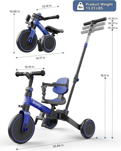 Miniatura 9 de besrey Bicicleta 5 en 1 para niños pequeños con mango de dirección para padres para niñas y niños de 1 a 3 años, triciclo plegable para niños, Azul