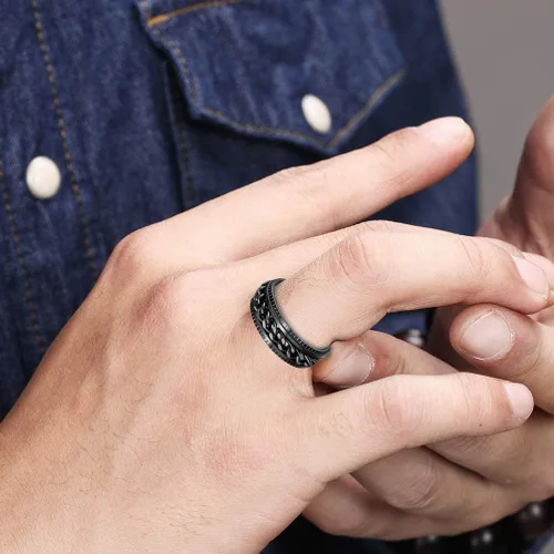 Miniatura 2 de Anillos giratorios para hombres y mujeres, anillos de ansiedad para hombres, anillos de cadena para adultos, anillos de titanio y acero Negro Negro