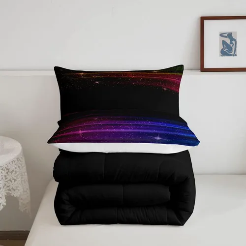 Miniatura 4 de Juego de edredón negro degradado, juego de ropa de cama para niños con diseño de galaxia, galaxia, degradado, morado, azul, amarillo, a rayas, juego