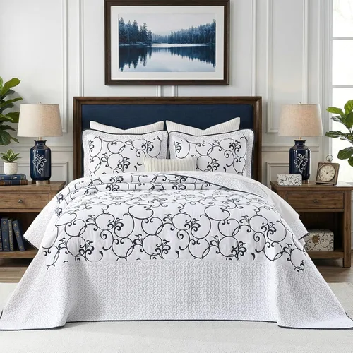 Miniatura 11 de Juego de cubrecama extra grande de 100% algodón de tamaño king, 120"x120", con fundas de almohada, juego de ropa de cama bordada ligera de 3 piezas