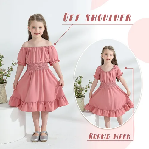 Miniatura 3 de YOUNGER TREE Vestido de fiesta para niña pequeña, con lazo en la espalda, manga corta, volantes, hombros descubiertos, vestido de fiesta casual