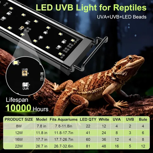 Miniatura 2 de Luz LED UVB de 8 W para reptiles, luz de terrario, luz extensible para tanque de reptiles con controlador y atenuación y 5 modos UVI de espectro