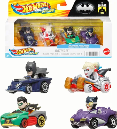 Miniatura 8 de Hot Wheels - Autos de juguete fundidos a presión, paquete de 4 vehículos RacerVerse con personajes de Jurassic World Charlie, Owen, Dilophosaurus