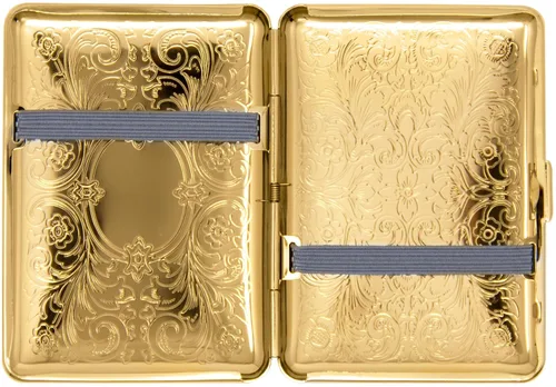 Miniatura 3 de Juego de 2 cajas de cigarrillos compactas chapadas en metal tamaño King con bandas elásticas (pergamino victoriano dorado)