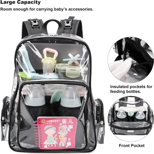 Miniatura 2 de Mochila transparente para pañales para bebés, niñas y niños, bolsas de pañales para mamá para mujeres (negro)