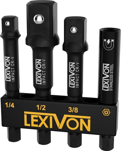 LEXIVON - Juego de adaptador de enchufe de impacto y portabrocas magnético, 4 piezas de extensión de vástago hexagonal de 1/4 de pulgada a punta de