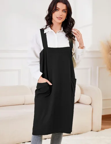 Miniatura 3 de Schine Pinafore de algodón con espalda cruzada para mujer, con bolsillos grandes, prácticos delantales para trabajos de jardinería, cocina, Negro