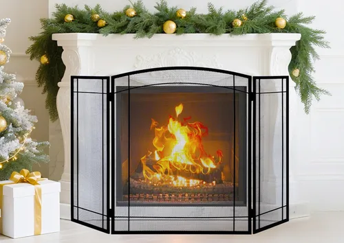 Miniatura 2 de FEED GARDEN Pantalla de chimenea de 3 paneles de 48 pulgadas de ancho x 29 pulgadas de alto, moderna y plegable con malla decorativa de metal