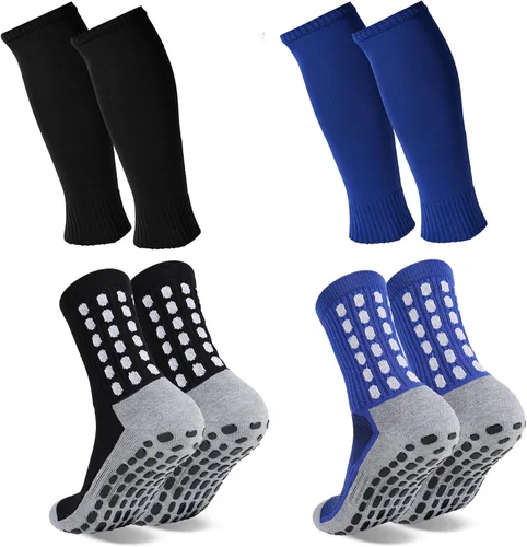 Miniatura 10 de ZXOLDZX 2 Juego de Calcetines de Agarre para Fútbol con Mangas de Protector de Espinilleras, Calcetines de Espinillera para Piernas sin
