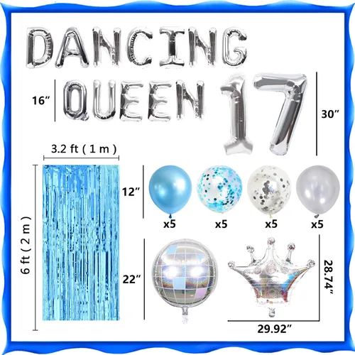 Miniatura 2 de 37 PIEZAS Bailarina Reina 17 Globos Bailarina Reina Decoraciones de Fiesta Mamma Mia 17 Cumpleaños Decoración Plata Azul 17 Decoración de Cumpleaños